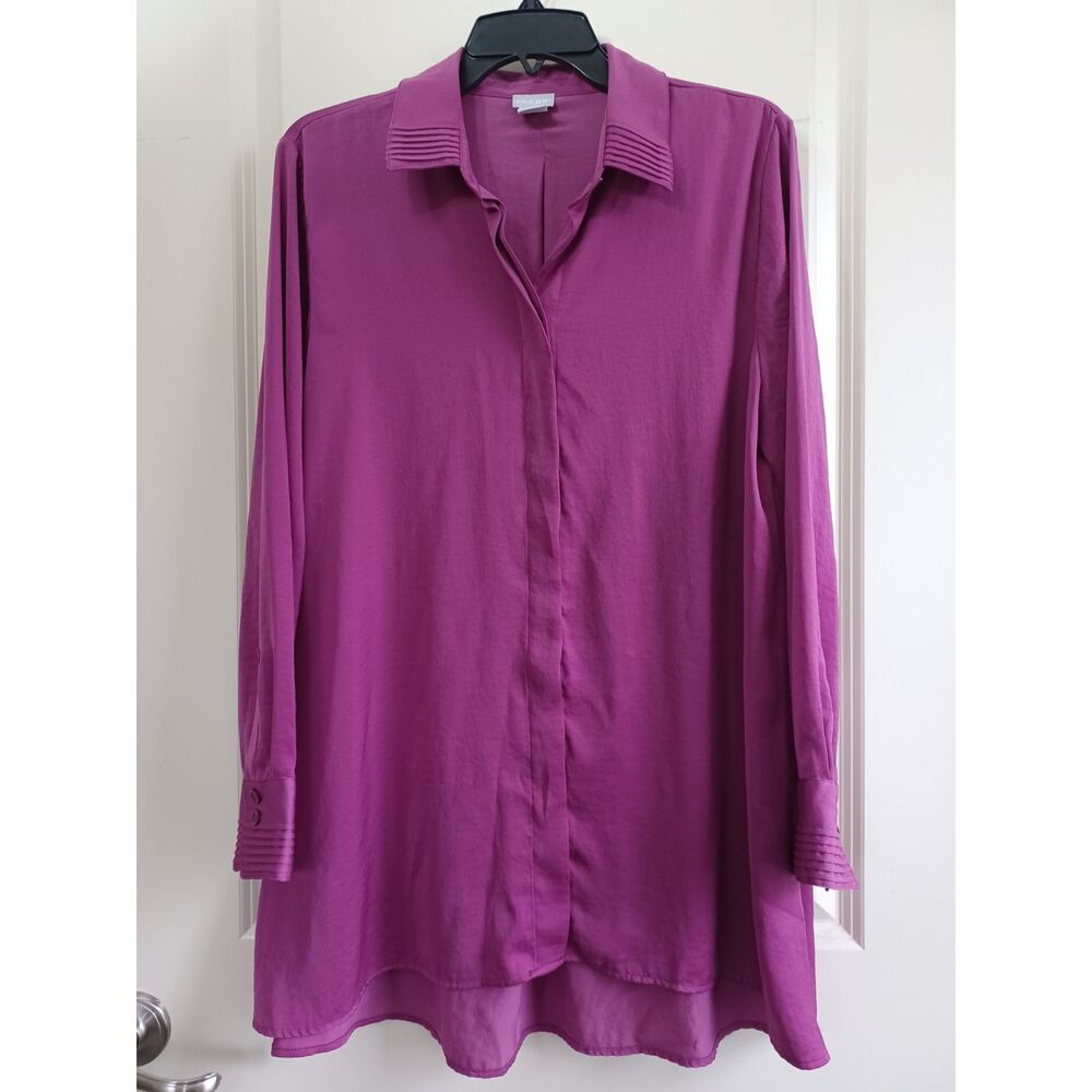 Chicos Sz 2 / Lg Shirt Silky Flowy Collared Button Up Long Sleeve Pink Office